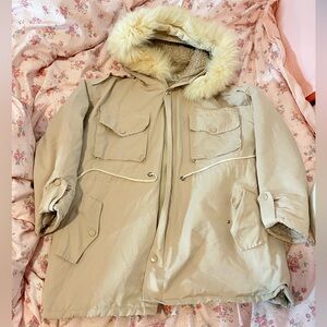 Women's Beige Parka Coat with Faux Fur Hood